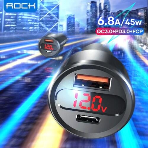 ROCK 45W PD Car Charger for iPhone 12 11 Pro Max Mini Dual USB Digital Display Fast Charge Type C Car Charger for iPad Xiaomi Mi