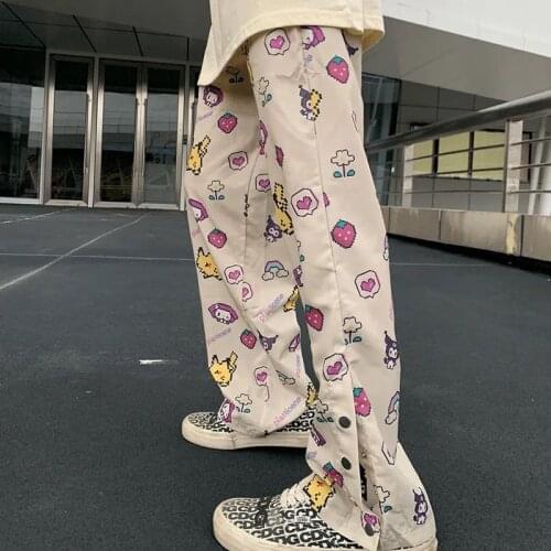 Harajuku Retro Cartoon Pants Women Chic Full Length Elastic Waist Wide Leg Pants 2021 Summer New Japanese Style Teens Trouser