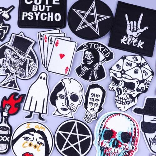 Black and white Skull Ghost Patch Stripes Iron On Patches On Clothes Punk Embroidered Patches for Clothing Stickers Rock Badges