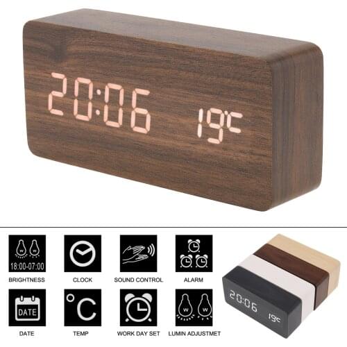 Alarm Clock LED Wood Voice Control Time Date Temperature Digital Bamboo Rectangle Table Desktop Clocks