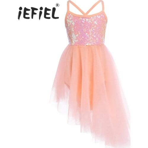 IEFiEL Kids Children Sleeveless Sequins Tulle Fancy Ballet Dance Gymnastics Leotard Girls Dress for Stage Performance Dancewear