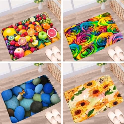 Home Bathroom Mat Tropical Fruit Flowers Cobblestone Doormat Sunflower Rose Butterfly Non-Slip Rug Toilet Kitchen Doorway Carpet