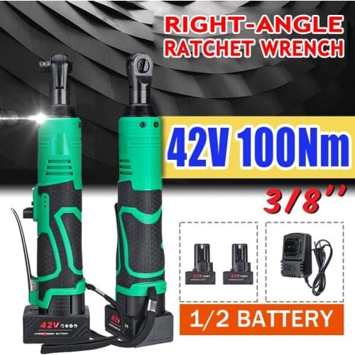 100Nm Electric Ratchet Wrench 12V/42V 3/8 Cordless Right Angle Drill Screwdriver Rechargeable Angle Wrench Spanner w/ 2 Battery