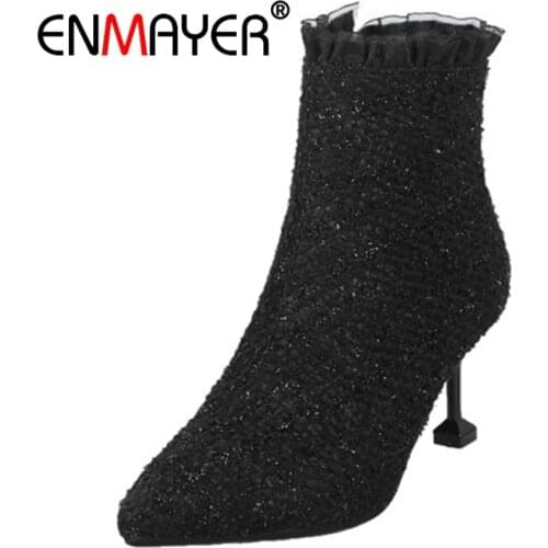 ENMAYER Ankle boots For women Pointed Toe High heels Short boots Autumn Winter boots Thin heel Zipper Buckle Shoes woman CR1721