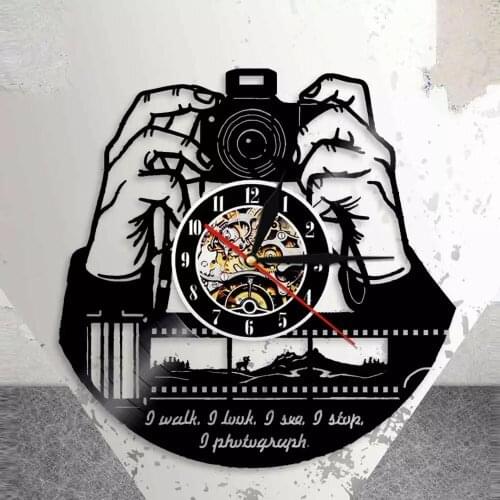 Photographers Vinyl Record Wall ClockHands On Camera Photo Camera Wall Clock Photography Studio Logo Cameraman Shutterbugs Gift