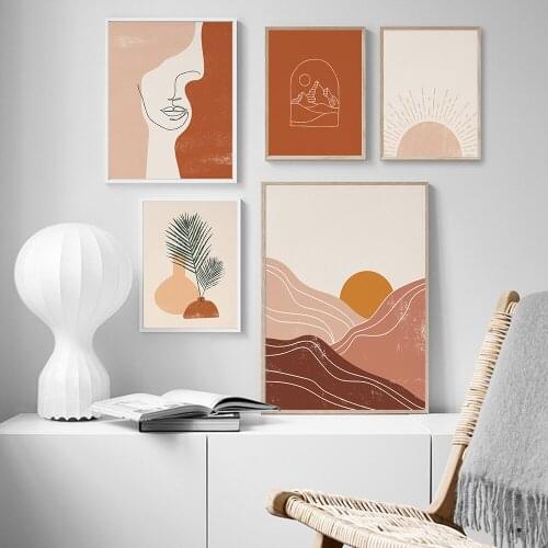 Boho Art Prints Abstract Nordic Poster Line Art Women Face Wall Pictures Horizon Sun Paintings on Canvas Decor For Living Room
