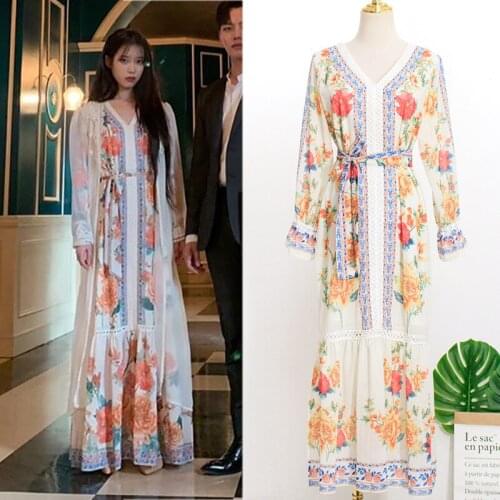 Kpop IU Lee Ji Eun autumn new white temperament elegant lace-up Long dress women korean fashion loose V-neck long-sleeve dresses