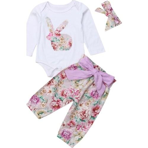 Cute Newborn Baby Girls Bunny Long Sleeve Bodysuit Jumpsuit Flower Pants Outfits 3pcs