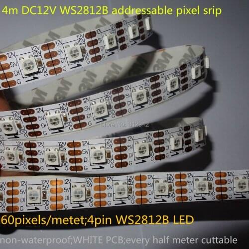 DC12V WS2812B addressable pixel strip,4m/roll non-waterproof,60pcs WS2812B/M with 60pixels;57.6W;white pcb;4pin