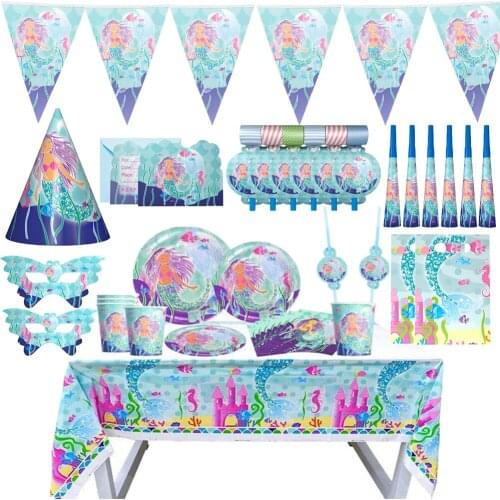 Cartoon Mermaid Ariel Theme Girl Kids Birthday Party Decoration Plate Napkins Banner Disposable Tableware Baby Shower Supply