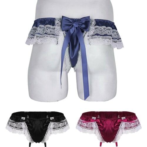Mens Sissy Panties Shiny Soft Satin Lingerie Sexy Lace Back Briefs Thongs with Bowknot Low Rise Bikini Underwear