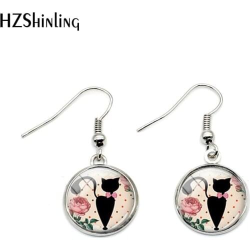 NHE-0114 New Siamese Cats Fish Hook Earrings Black Cat Silhouette Pendant Earrings Glass Hand Craft Jewelry