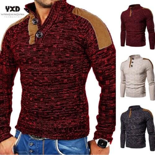 New men clothes Man Pullover Sweater Mens clothing Mans Sweaters Jumper Man Cotton wool Spliced Leather Button Knitted Sweater