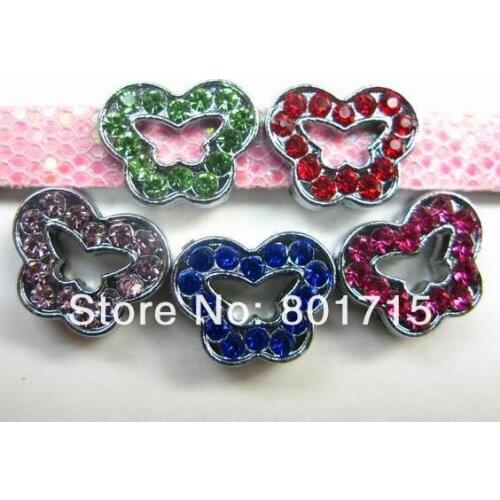 Wholesale 100pcs Mix Color Butterfly Internal Dia.8mm Rhinestone slide Charms can through 8mm Belt Pet Collar band