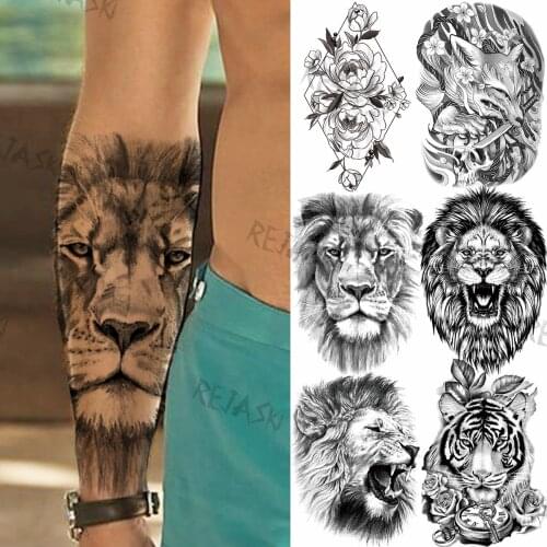 Forearm Tribal Black Lion Temporary Tattoos For Men Adults Realistic Fox Dagger Tiger Flower Fake Tattoo Sticker Arm Tatoos