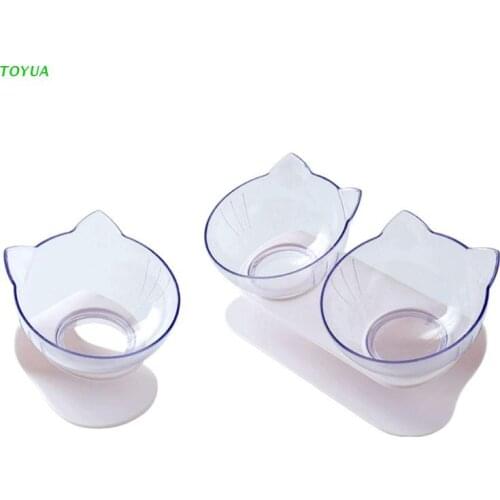 1XCC Pet Adjustable Tilting Bowl Cats Dogs Feeding Food Water Container Single Double Bowls Transparent Cat Ear Shape