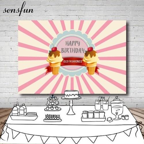 Sensfun Beige Pink Radial Striped Photography Backgrounds Ice Cream Happy Birthday Party Backdrop For Photo Studio 7x5FT Vinyl