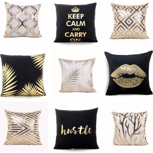 Modern Geometric Gold Foil Pillowcase Black And White Leaves Velvet Cushion Decorative Pillows Home Decor Sofa Throw Pillow 17in