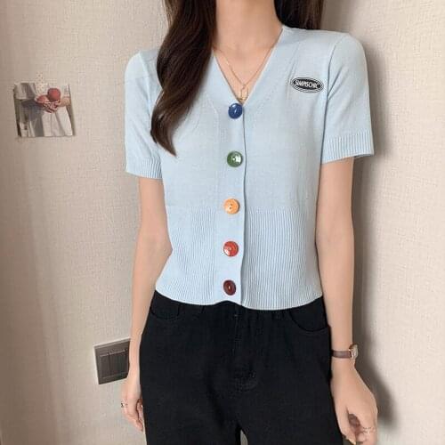 Knitted Short Sleeve Thin Tshirts Women Ladies Clothing Color Buttons Slim V-Neck Cardigan Summer Tshirts Women Sweet Top Femme