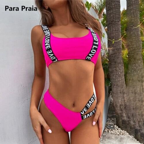 Para Praia Vintage Sports Bikini 2021 Sexy Letter Print Swimsuit Bandeau Bathing Suit for Women Bikini Set Hollow Out Biquini