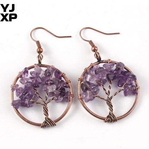 YJXP Antique Copper Round Shape Purple Amethysts Rose Pink Quartz Handmade Wire Wrapped Tree of Life Drop Earrings Charm Jewelry
