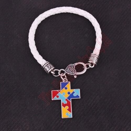 Autism Hope Jewelry Autism Awareness Cross puzzle Piece religious Charm with 7.8" Pure White Leather chain Lobster Claw Bracelet