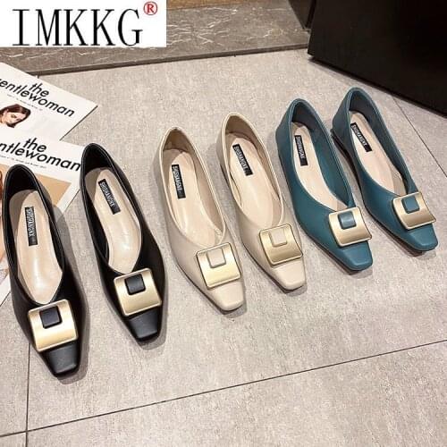 Womens Shoes 2021 Single Shoes Female New Square Button Shallow Mother Thick Med-heeled Office Dress Shoes Woman Blue