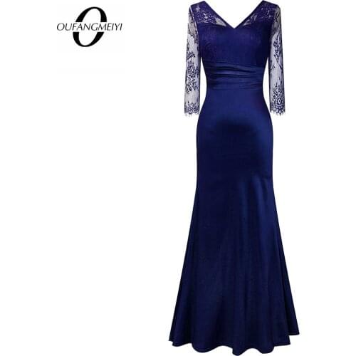 Women Classy V Neck Ruched Lace Sexy See Through Sheer Backless Mesh Hem Long Party Dress EA019