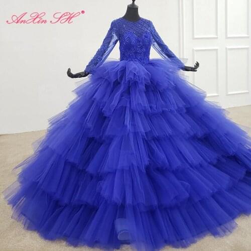 AnXin SH Luxury princess flower blue lace beading crystal o neck illusion long sleeve ruffles wedding dress 100% real photo