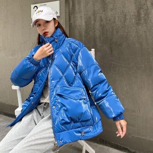 Winter Jacket Parkas Female Glossy Down Cotton Jackets Pocket Loose Parka Warm Women Parka Coat Casual Outwear Girl Stylish