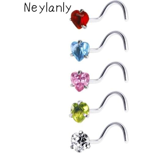 1PC Small Nose Studs Piercing Heart Nose Rings Stainless Steel 316L Cubic Zirconia Body Piercing Jewelry Mixed Colors For Women