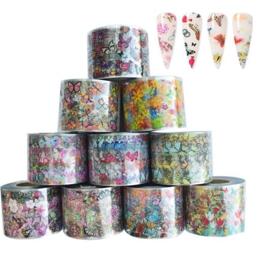 10Rolls Butterfly Flower Style Foil for Nail 50M*4CM Starry Sky Transfer Paper Decal UV Gel Nail Polish Sticker Nail Art Decor