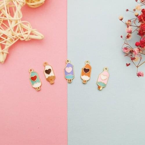 10pcs Colorful Enamel Popsicle Ice Cream Charms Love Ice-lolly Pendants Jewelry DIY Accessory Bracelet Golden Alloy Small Dangle