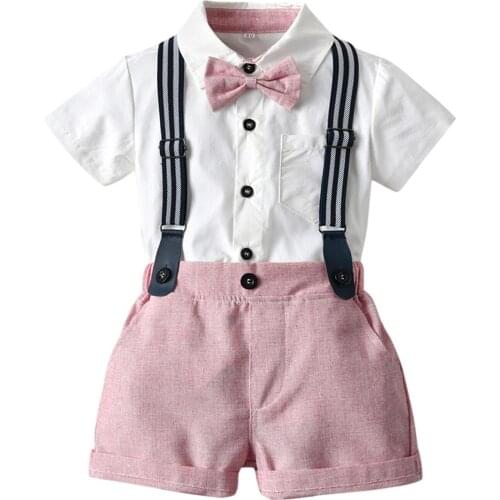 TELOTUNY baby outfit set Toddler Baby Boys Gentleman Bow Tie Solid Short-sleeved T-Shirt Tops+Suspender Shorts Outfits 2PCS