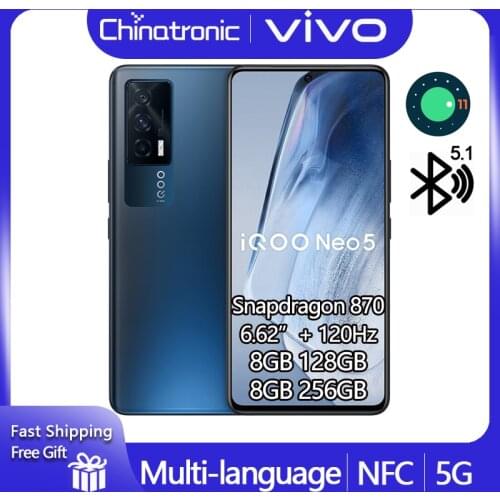New iQOO Neo 5 8GB 256GB 5G Mobile Phone Snapdragon 870 6.62"120Hz AMOLED 4400mAh Battery 66W Fast Charge OTG NFC