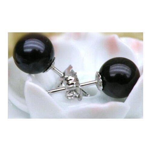 Free shipping>>>>noble jewelry ROUND BLACK 9-10MM AAA Freshwater PEARL EARRING 14K WHITE GOLD
