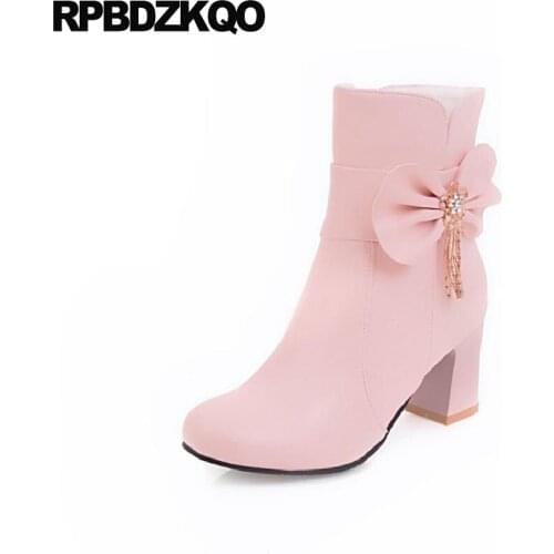 Shoes Bow Chunky Metal Kawaii Big Size Fur Women Ankle Boots Medium Heel 10 Winter Cute Pink High Round Toe Chinese New Fashion