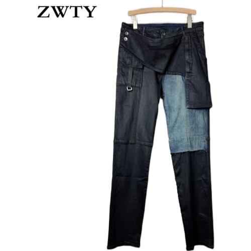 ZWTY Gothic Mens Casual Trousers Personality Patchwork Denim Pants Panelled Design Fashion New Multiple Pockets Cotton Pants