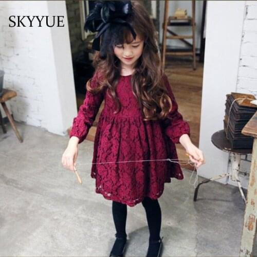 Children Evening Bow Tie Dresses for Girls Costume 2019 New Autumn O-neck Cotton Lace Dress Baby Girl Sweet Floral Kids Clothes