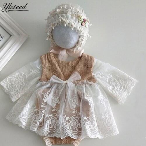Ylsteed Baby Girl Bow Lace Romper with Lace Hat Newborn Photography Props Infant Shooting Outfits Newborn Gift Clothes