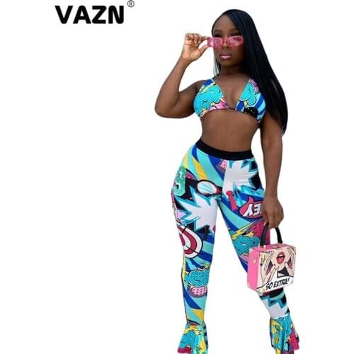 VAZN 2020 Hot Fancy Hollow Out Open Beach Young Fashion Halter Backless Bandage Bikini Top Long Pants Slim Women 2 Piece Set
