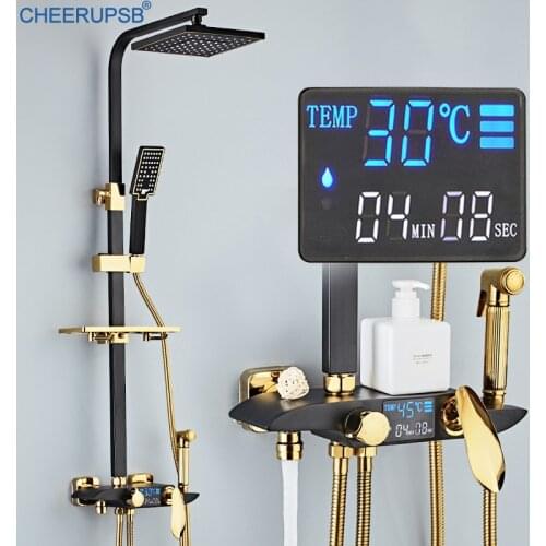 Hot Cold Digital Shower System Bathroom Wall Mount LED Shower Set Smart Thermostatic Bath Faucet Square Spray SPA Rainfall Grifo