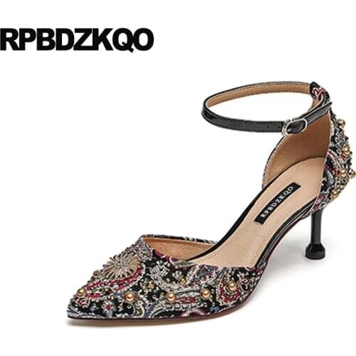 China 3 Inch Pumps Metal Rivet High Heels Black Wedding Luxury Shoes Women Designers Scarpin Ankle Strap Stud Pointed Toe Medium