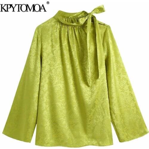 KPYTOMOA Women 2021 Fashion Soft Touch Jacquard Loose Blouses Vintage Tied High Neck Long Sleeve Female Shirts Blusas Chic Tops