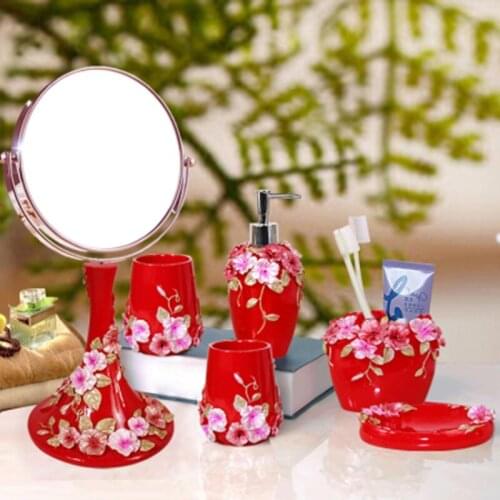 Red Bathroom Accessories Set-Home Decor-Wedding Crafts-Make Up Storage Box-Bathroom Tray-Tissue Box-Toilet Brush Holder-Desktop