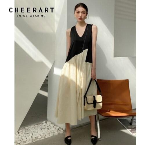 CHEERART Summer Satin Dress For Women 2021 V Neck Patchwork Long Midi Tank Dress Sleeveless Ladies High Fashion Designer Clothes