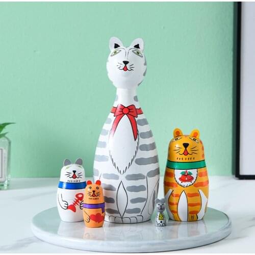 5pcs Cartoon Cat Wooden Russian Nesting Doll Matryoshka Home Decor Kids Toys for Children Present Handmade Craft Matrioszka Doll