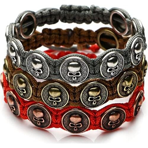 Mestylish Punk Latest Design Parachute Cord Survival Bracelet Antique Gold Silver Round Skull Men Women Retro Braided Pulseira