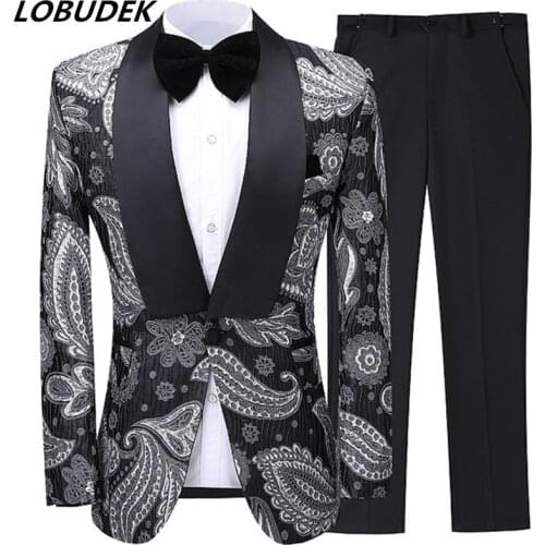 Fashion Jacquard Weave Blazer Black Pant 2-Pieces Mens Suit Groom Wedding Dress Evening Party Singer Host Slim Stage Costume
