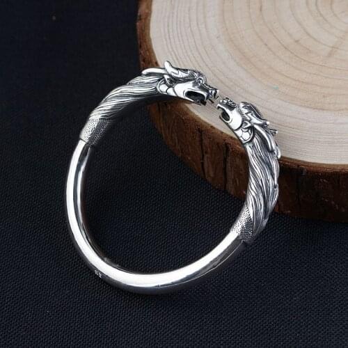 Handmade 990 Siver Dragon Bangle Real Sterling Silver Power Dragon Bangle for men Vintage Thai Silver color Bangle Fine Jewelry
